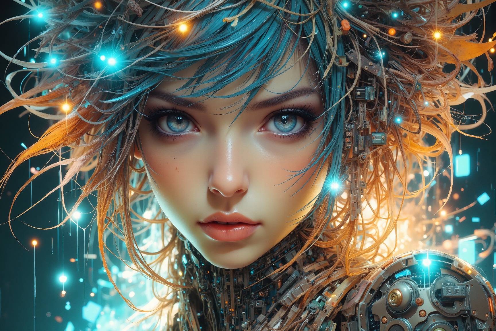 an1dro1grl style,  Digital artwork of a young woman with large,  expressive blue eyes and fair skin on Tensor.Art