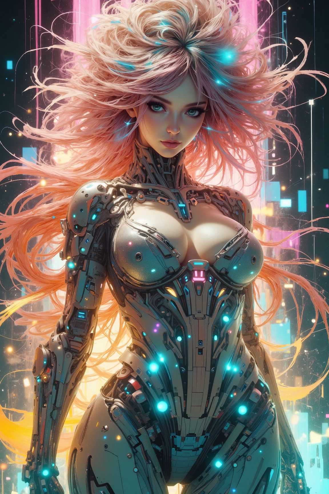 an1dro1grl style,  Digital painting of a cyberpunk-style female character with long,  wavy on Tensor.Art