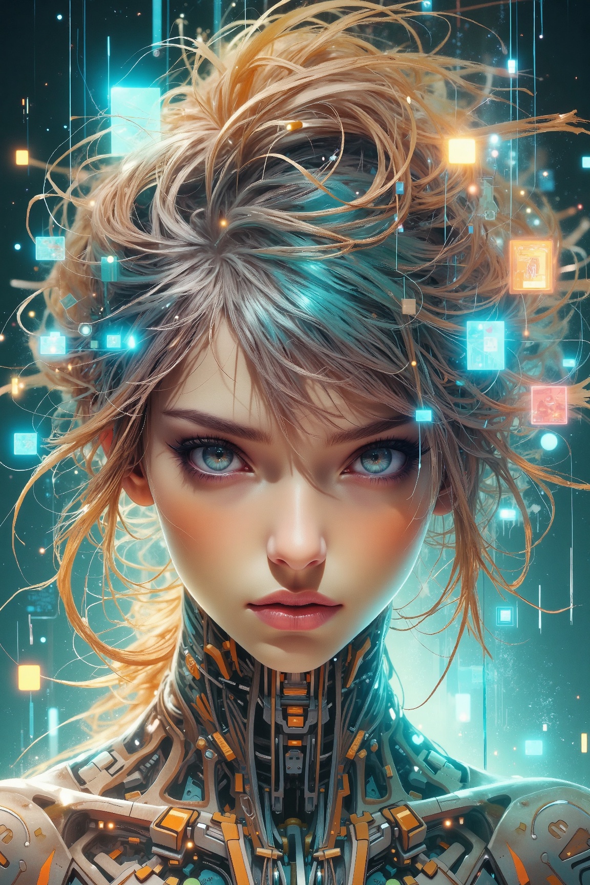 an1dro1grl style,  Digital painting of a young woman with light brown,  curly hair and blue eyes on Tensor.Art