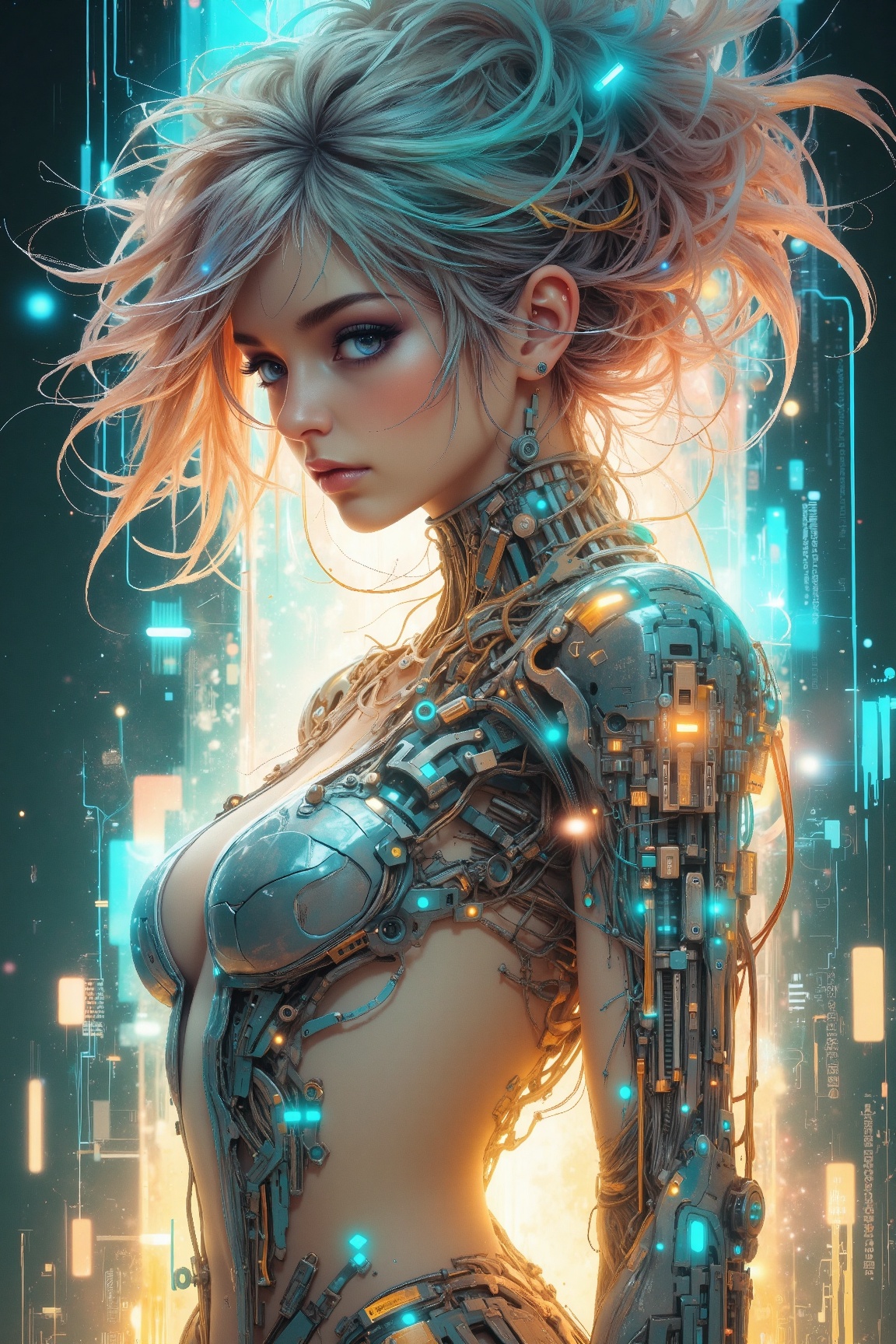 an1dro1grl style,  Digital painting of a cybernetic woman with light blonde,  wavy hair and blue eyes on Tensor.Art