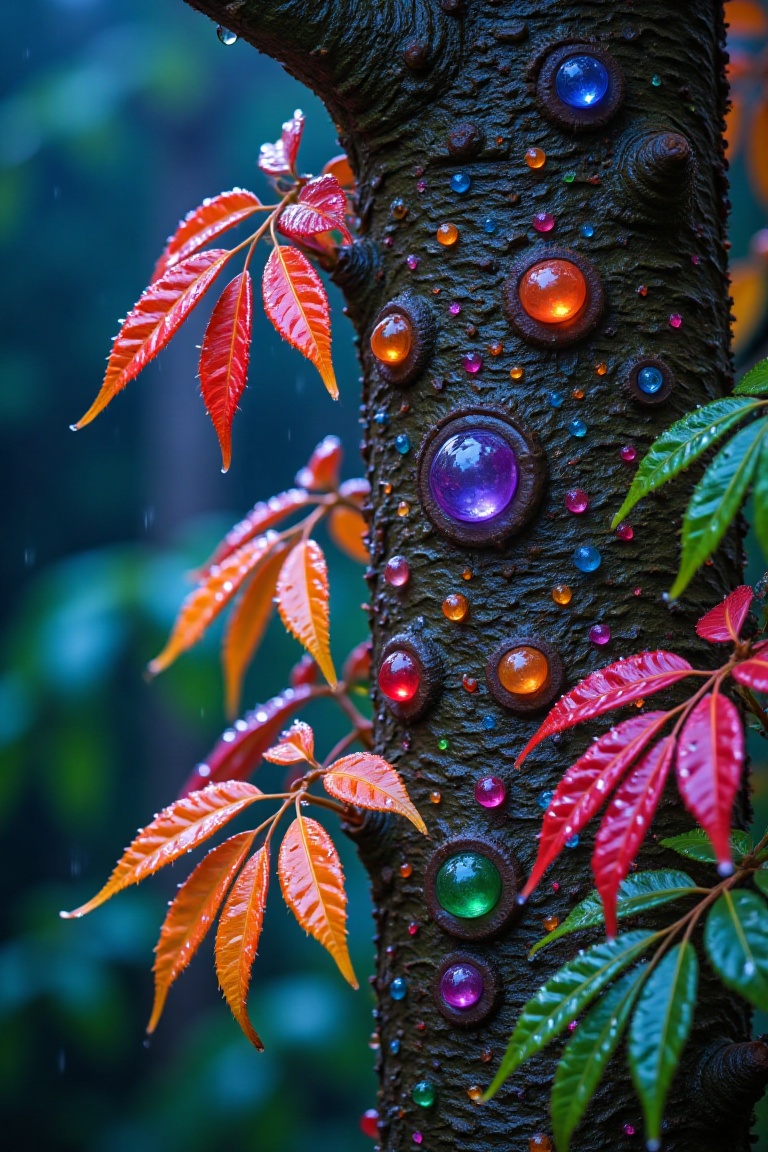 surreal-cinematic-style,  a tree trunk covered in multicolored crystal-like orbs,  autumn leaves in vibrant red on Tensor.Art
