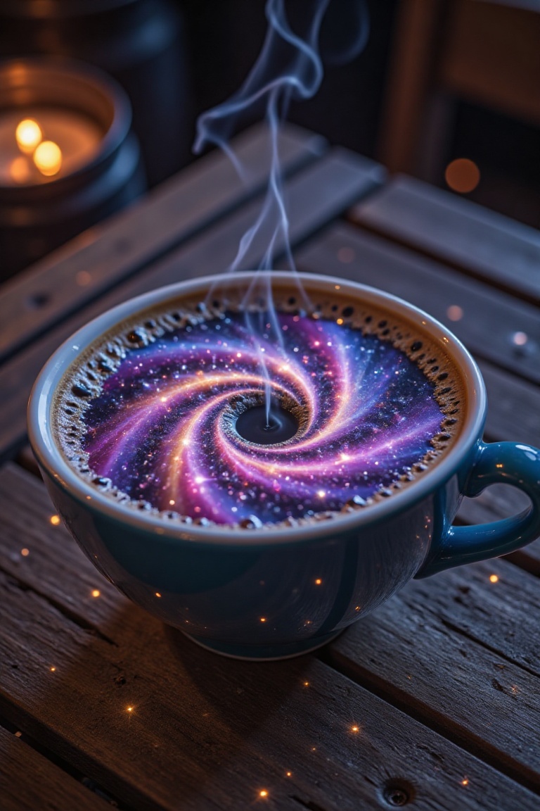 surreal-cinematic-style,  a magical cup of coffee on a rustic wooden table,  inside the coffee is a swirling galaxy of sta...