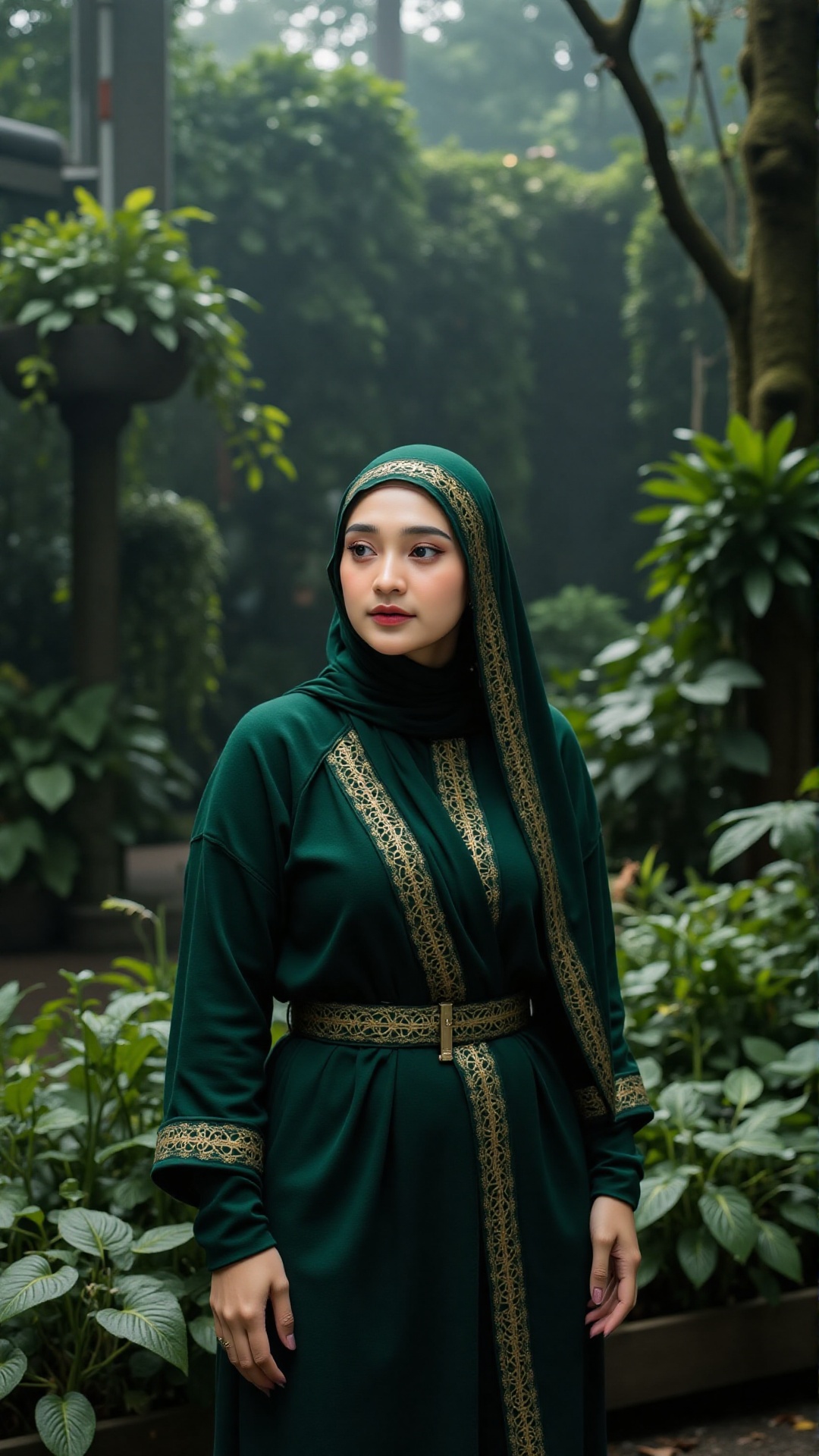 A woman of quiet dignity,  her emerald-green hijab shimmers with organic sheen,  inlaid with brass lattice filigree that r...