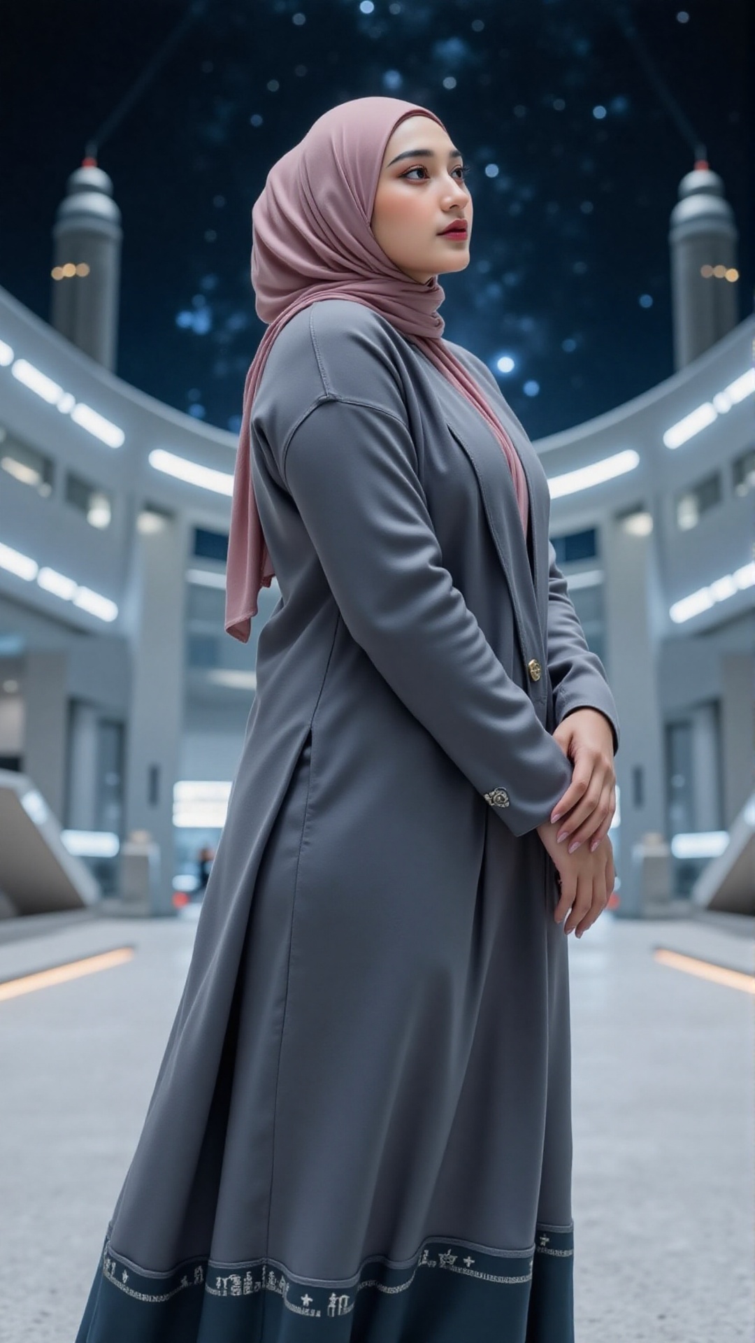 A woman of quiet dignity,  her sky rose-pink hijab ripples in weightless waves,  outlined with slate-gray aeroglyphs that...