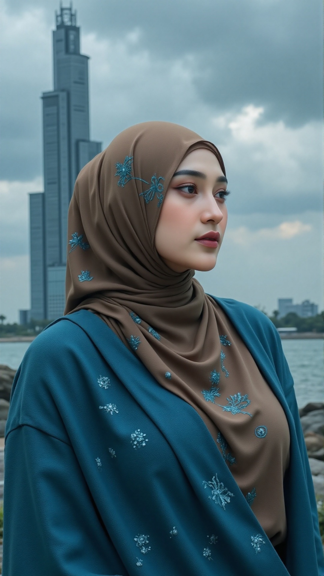 A woman of quiet dignity,  her sepia-toned hijab folds like pages of ancient books,  traced with shifting azure weather gl...