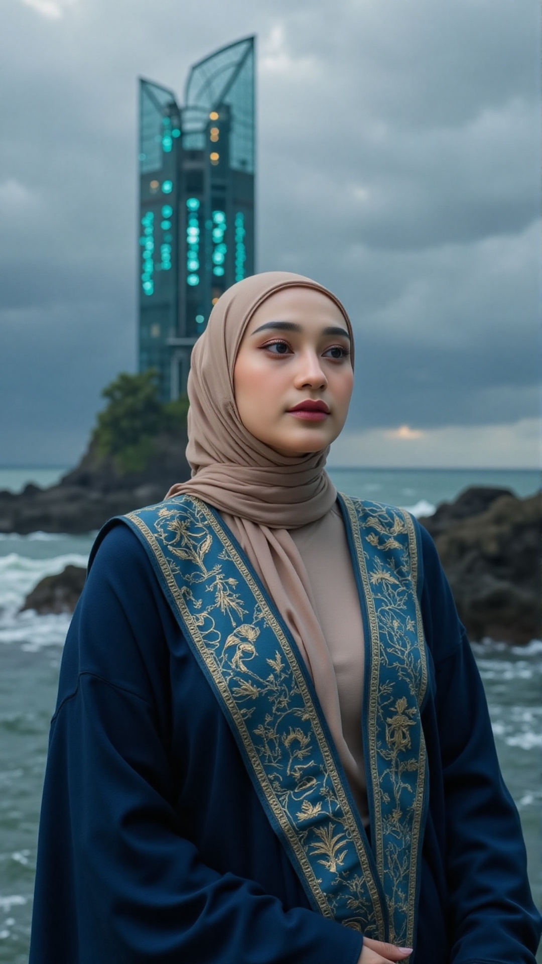 A woman of quiet dignity,  her sepia-toned hijab folds like pages of ancient books,  traced with shifting azure weather gl...