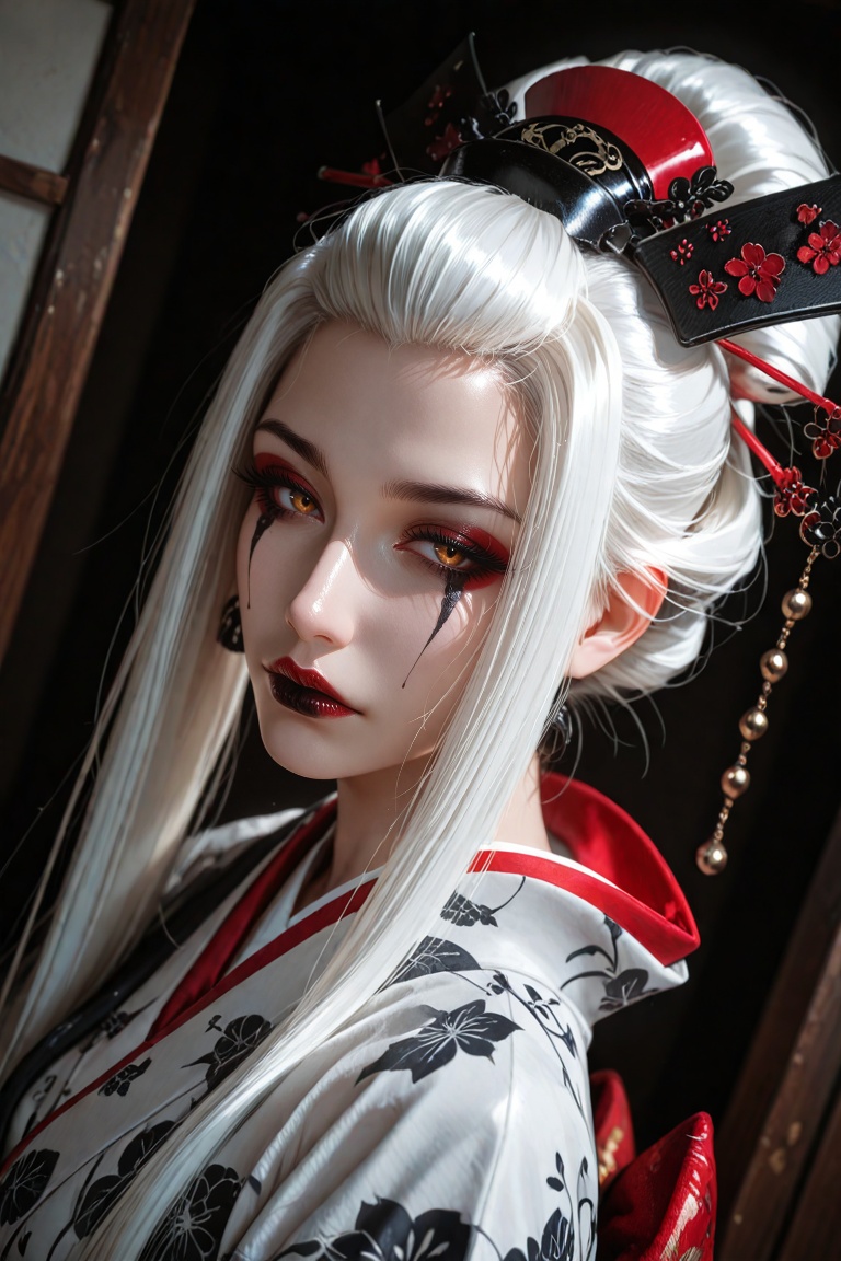 geisha,  Japanese kimono,  long white straight hair on Tensor.Art