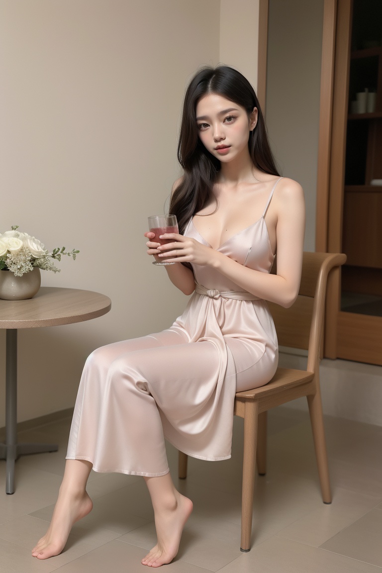 vnhd,  vnhd,  High-resolution photograph of a serene young East Asian woman on a modern outdoor terrace at twilight on Ten...