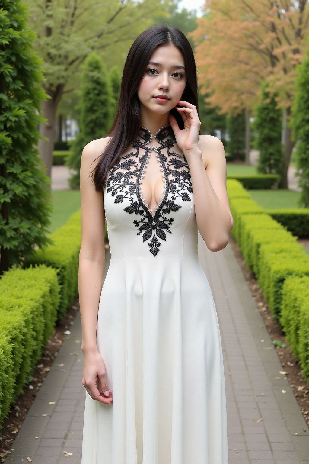 The image shows a woman standing on a pathway surrounded by lush greenery. She is wearing a sleeveless white dress with in...