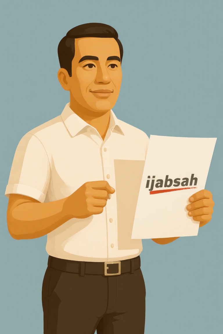 A MAN WEARING WHITE SHIRT AND BLACK PANTS HOLDING A PAPER with the text "ijabsah",  vector art on Tensor.Art