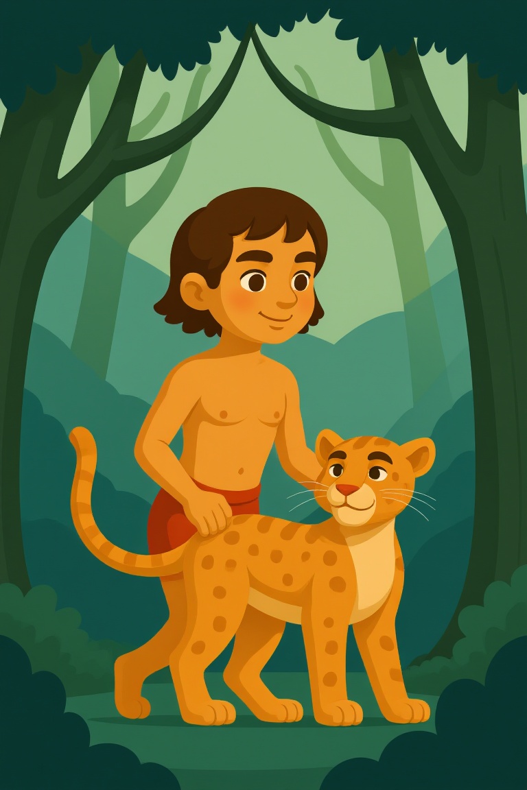MOWGLI WITH HIS PANTHER IN THE FOREST,  vector art on Tensor.Art
