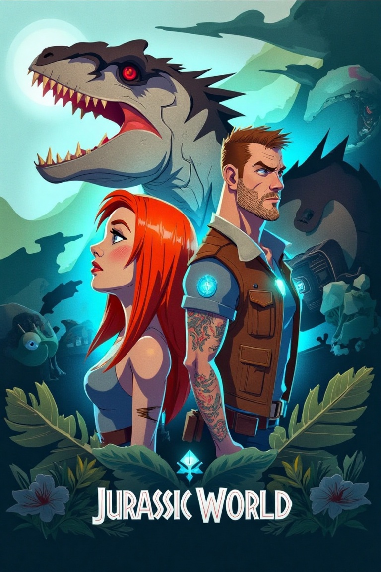 poster_jurassicworld style,  cartoon-style movie poster,  red-haired woman and rugged man with vest on Tensor.Art