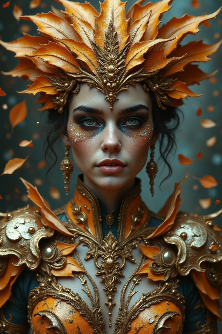 fluxstyle_cgi,  a fantasy queen adorned in golden leaf crown and ornate armor,  leaf_empress on Tensor.Art