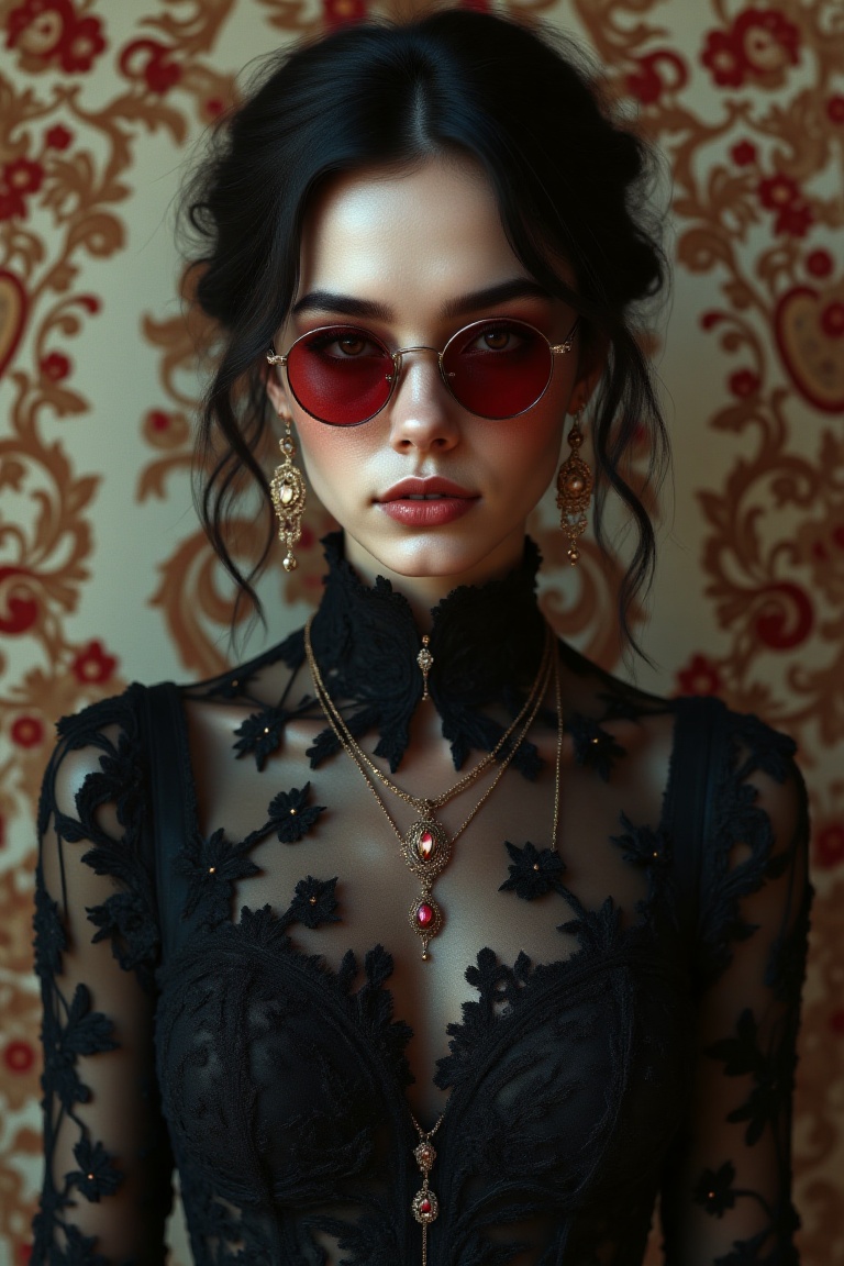 fluxstyle_cgi,  a gothic fashion portrait of a young woman with red sunglasses and black lace dress,  ruby_gothic on Tenso...