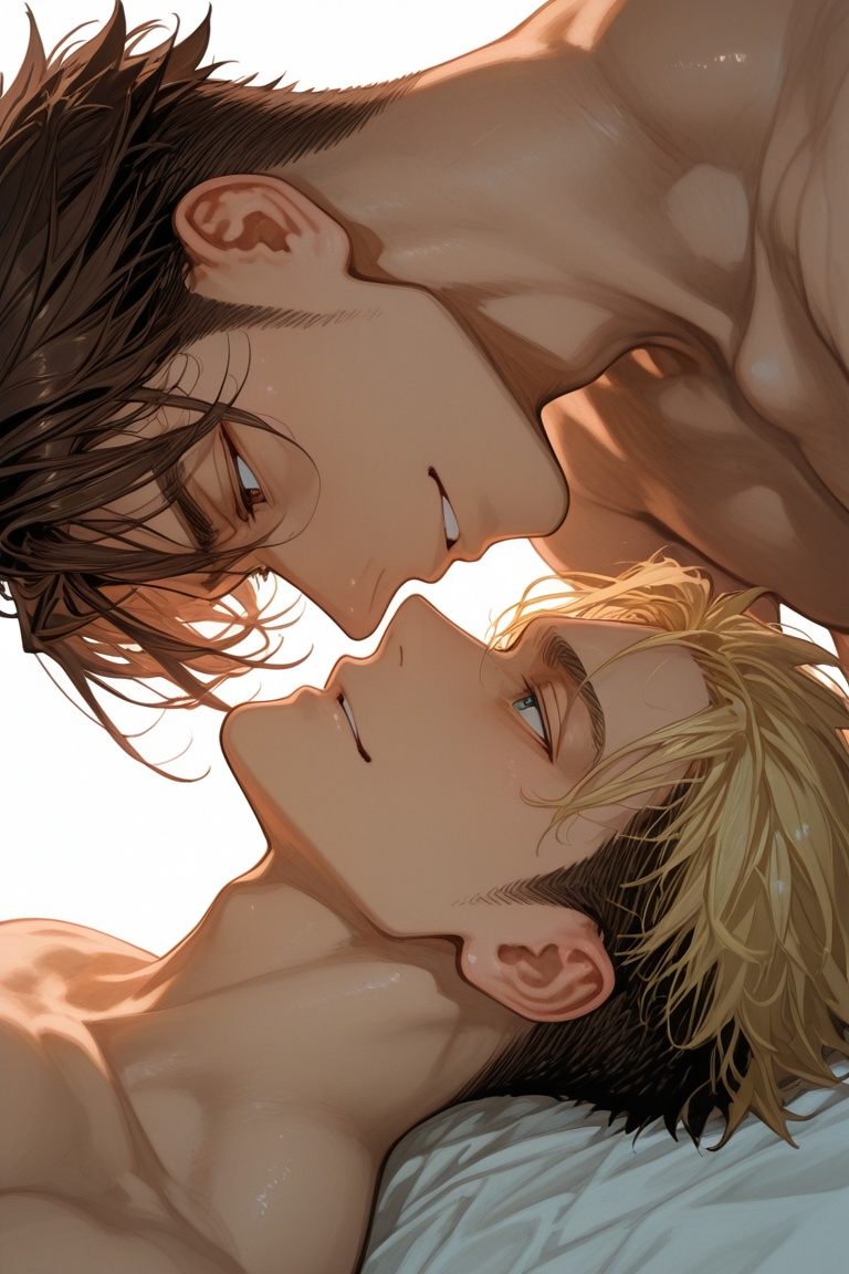 akagi and mitsuhiro-gay couple focus,  black-blonde_Mitsuhiro_hair and brown_Akagi_hair,  male focus on Tensor.Art