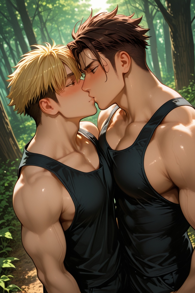 mitsuhiro and akagi-gay couple focus,  black-blonde_Mitsuhiro_hair and brown_Akagi_hair,  male focus on Tensor.Art