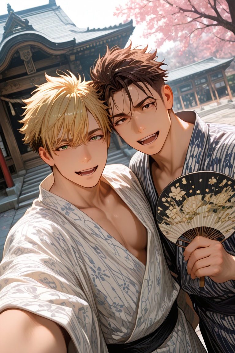 mitsuhiro and akagi-gay couple focus,  black-blonde_Mitsuhiro_hair and brown_Akagi_hair,  male focus on Tensor.Art