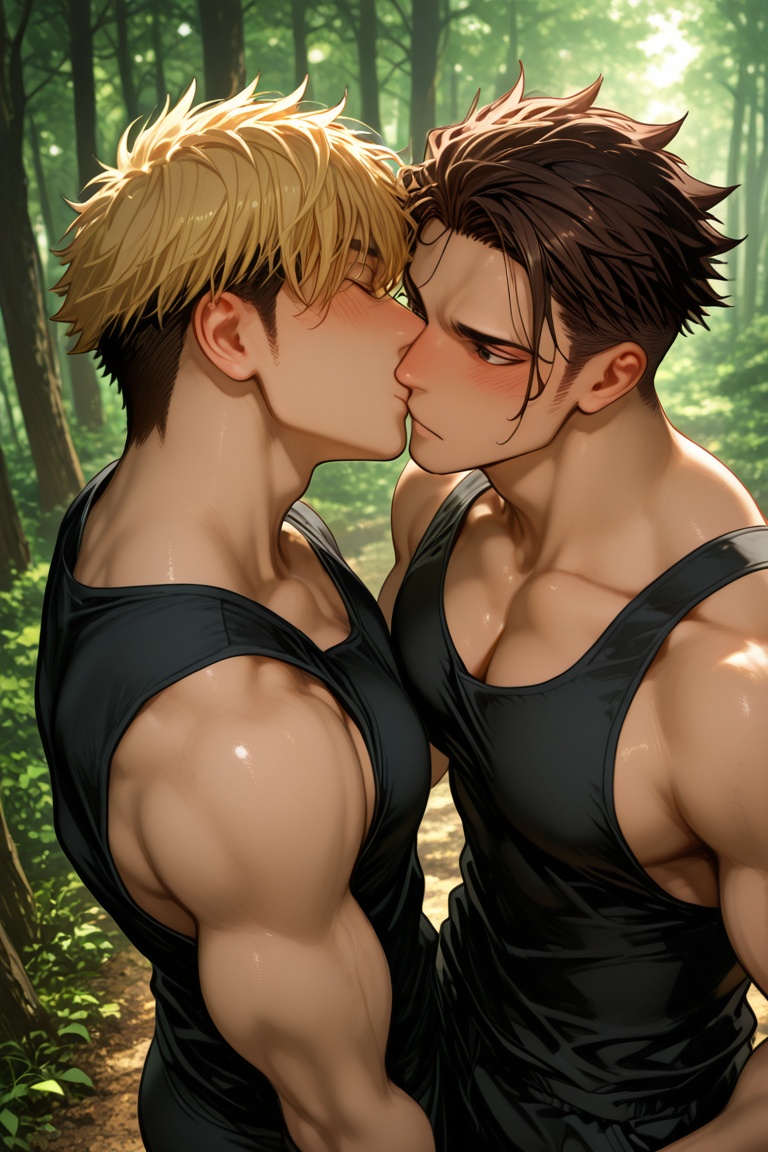 mitsuhiro and akagi-gay couple focus,  black-blonde_Mitsuhiro_hair and brown_Akagi_hair,  male focus on Tensor.Art
