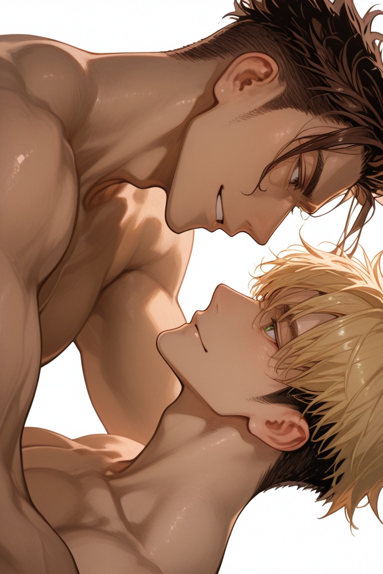 akagi and mitsuhiro-gay couple focus,  black-blonde_Mitsuhiro_hair and brown_Akagi_hair,  male focus on Tensor.Art