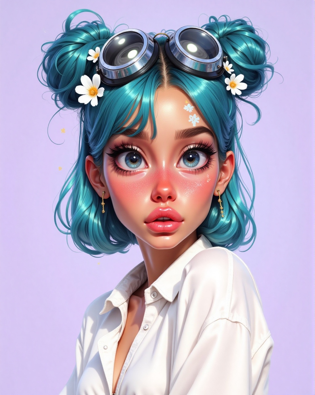 digital illustration featuring a woman with light skin and large expressive blue eyes framed by long thick eyelashes her f...