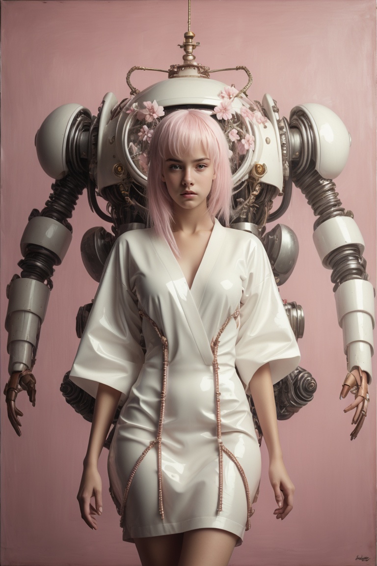 Beautiful cyberpunk robot woman wearing glossy white kimono-latex-dress with Japanese cherry blossom pattern on pink backg...