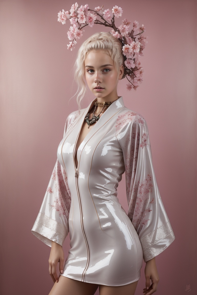 Beautiful cyberpunk robot woman wearing glossy white kimono-latex-dress with Japanese cherry blossom pattern on pink backg...
