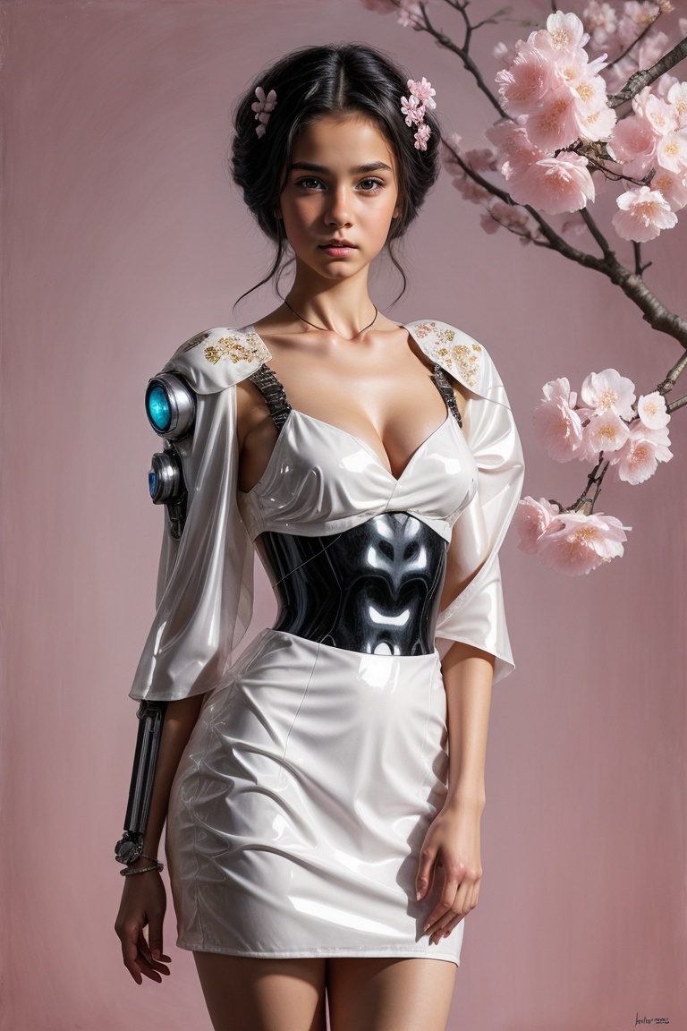 Beautiful cyberpunk robot woman wearing glossy white kimono-latex-dress with Japanese cherry blossom pattern on pink backg...