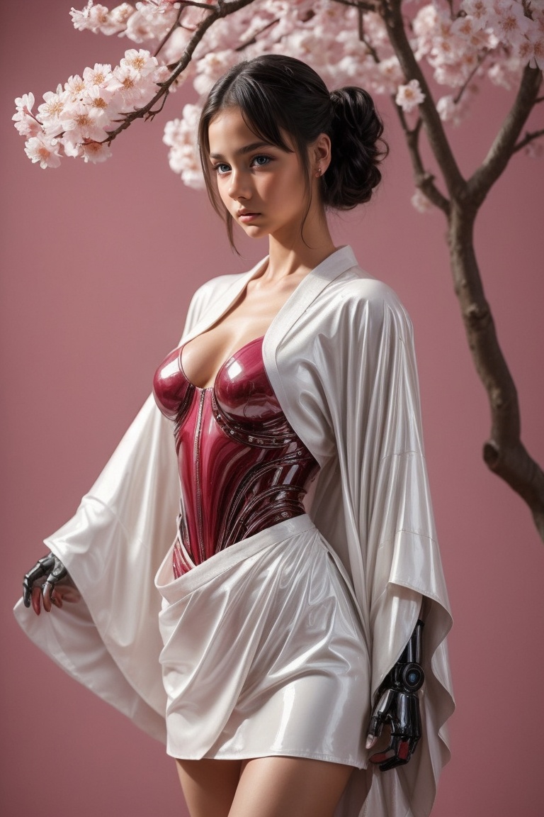 Beautiful cyberpunk robot woman wearing glossy white kimono-latex-dress with Japanese cherry blossom pattern on pink backg...