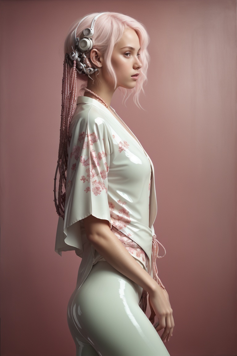 Side view,  Beautiful cyberpunk-robot-woman wearing glossy white kimono-latex-Leggings with Japanese cherry blossom patter...