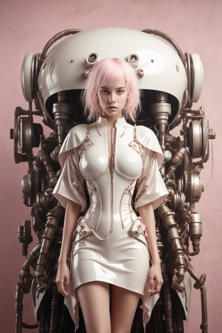 Beautiful cyberpunk robot woman wearing glossy white kimono-latex-dress with Japanese cherry blossom pattern on pink backg...
