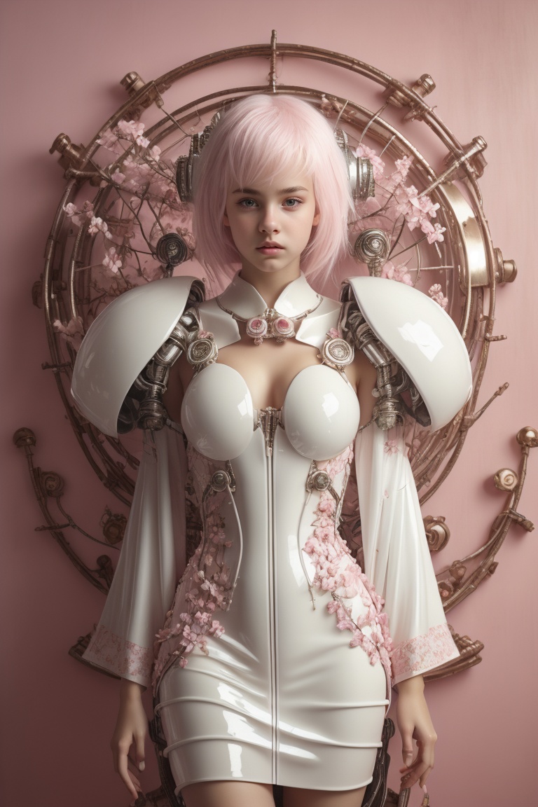 Beautiful cyberpunk robot woman wearing glossy white kimono-latex-dress with Japanese cherry blossom pattern on pink backg...