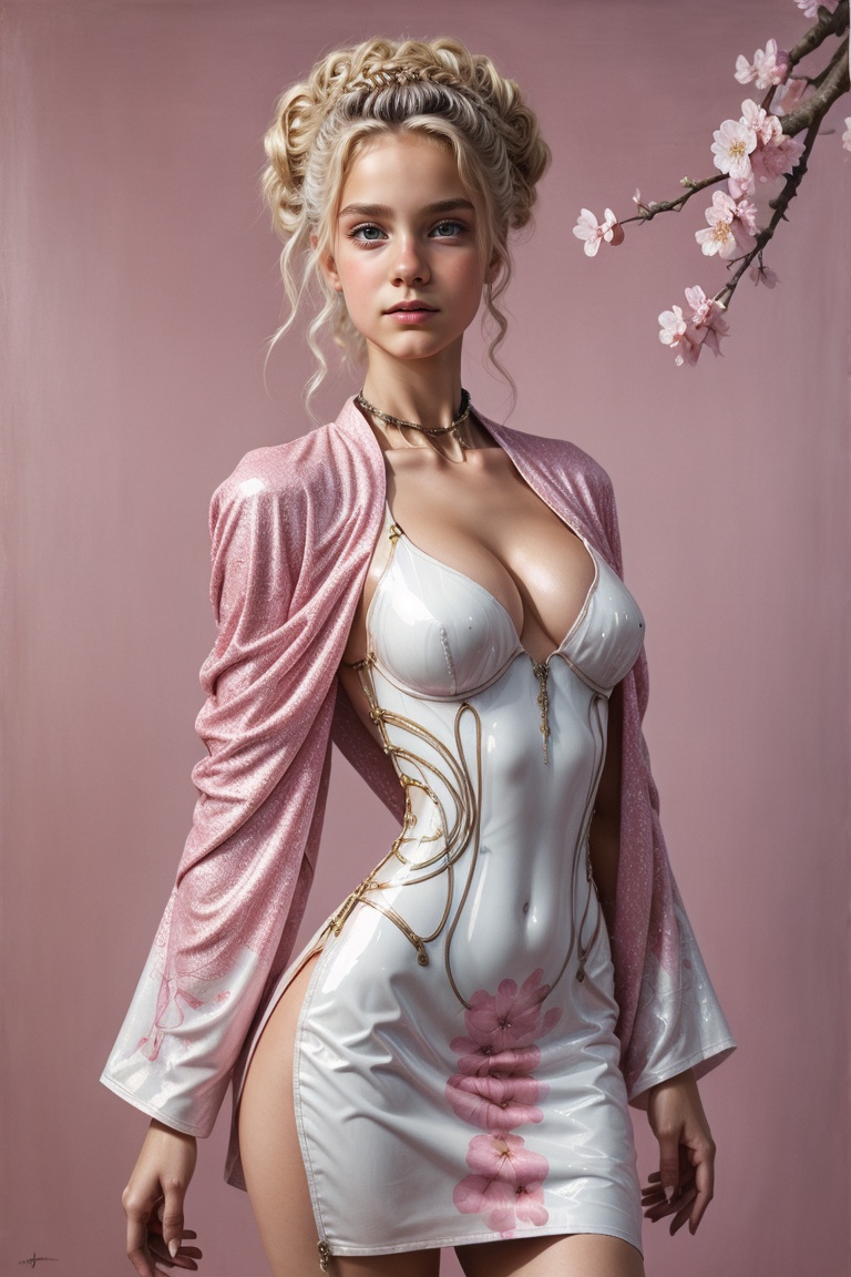 Beautiful cyberpunk robot woman wearing glossy white kimono-latex-dress with Japanese cherry blossom pattern on pink backg...