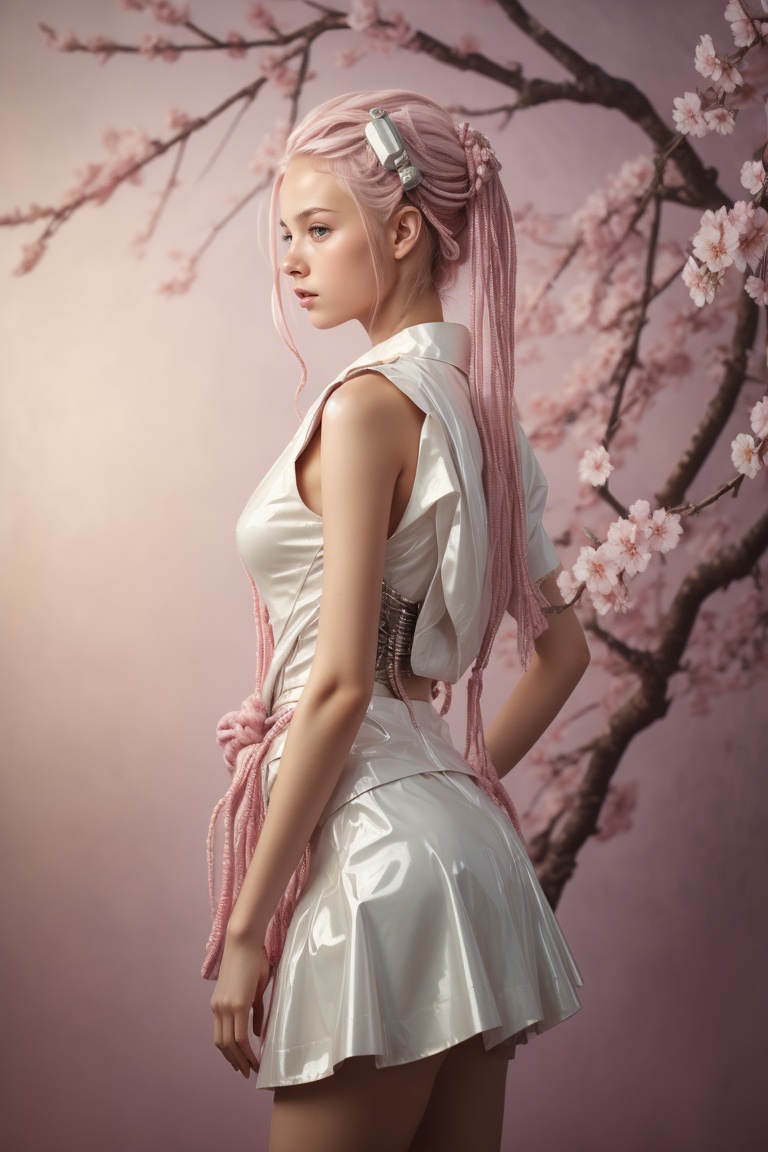 Side view,  Beautiful cyberpunk-robot-woman wearing glossy white kimono-latex-skirt with Japanese cherry blossom pattern o...