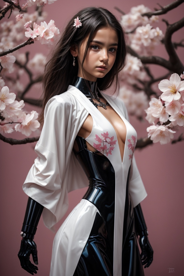 Beautiful cyberpunk robot woman wearing glossy white kimono-latex-dress with Japanese cherry blossom pattern on pink backg...