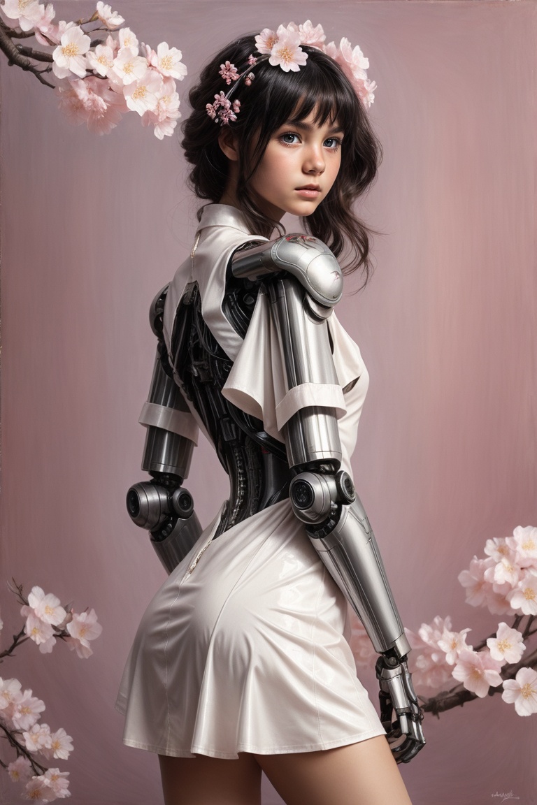Beautiful cyberpunk robot woman wearing glossy white kimono-latex-dress with Japanese cherry blossom pattern on pink backg...