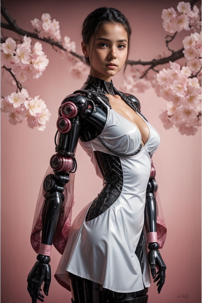 Beautiful cyberpunk robot woman wearing glossy white kimono-latex-dress with Japanese cherry blossom pattern on pink backg...