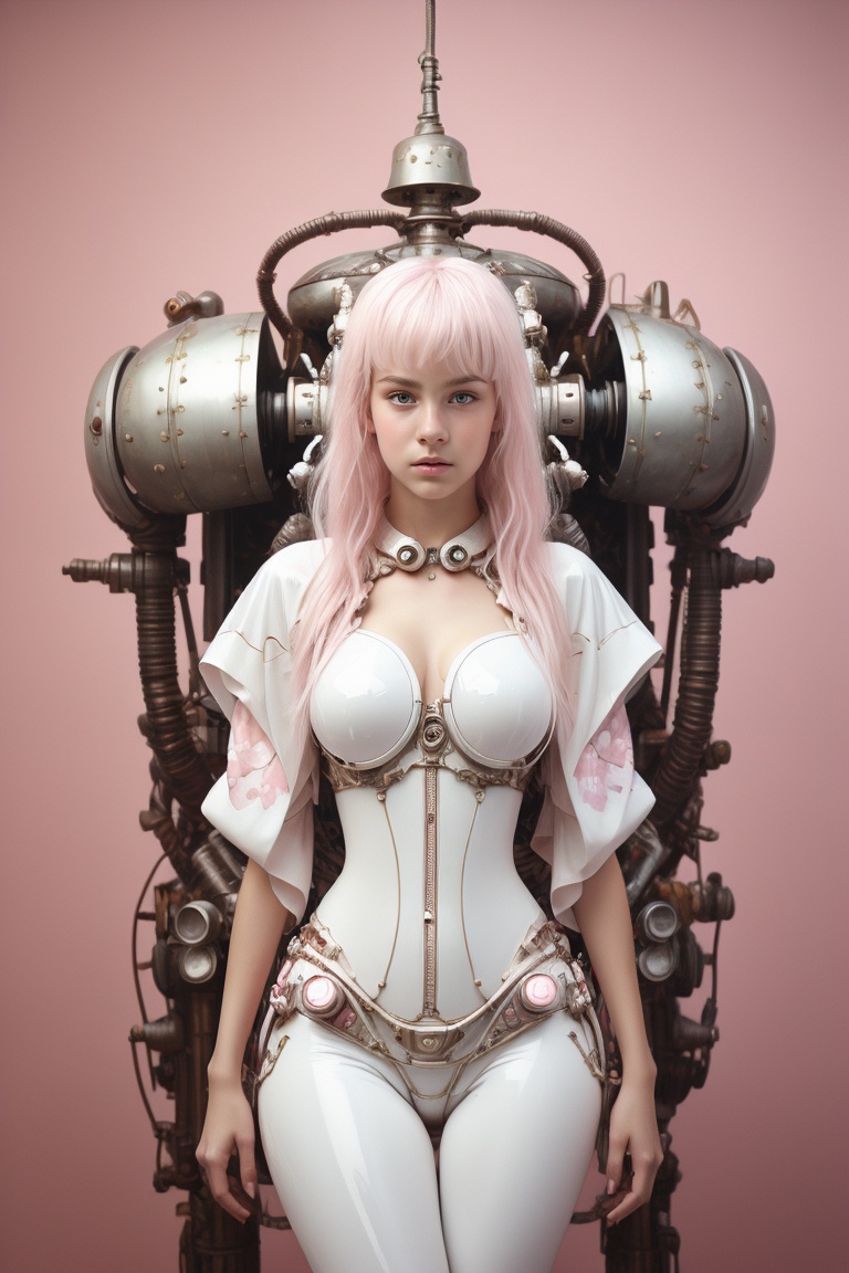 Beautiful cyberpunk robot woman wearing glossy white kimono-latex-Leggings with Japanese cherry blossom pattern on pink ba...