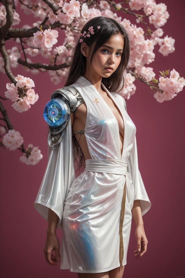 Beautiful cyberpunk robot woman wearing glossy white kimono-latex-dress with Japanese cherry blossom pattern on pink backg...