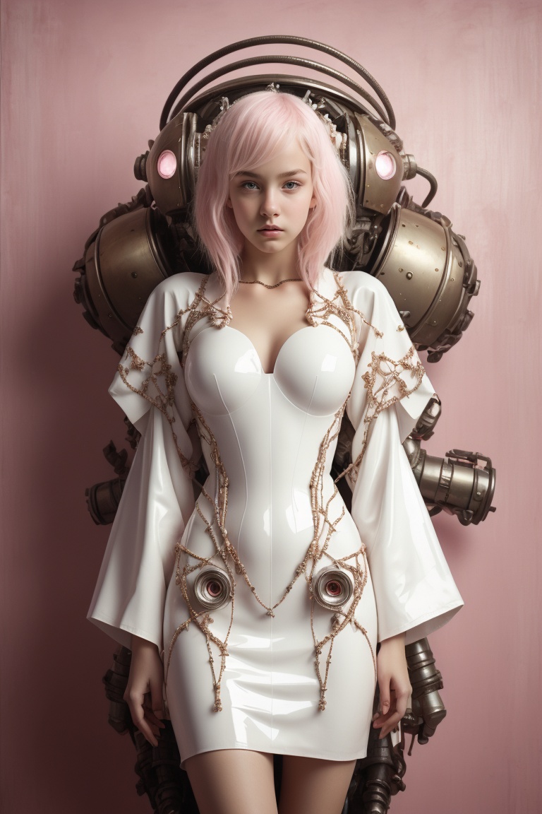 Beautiful cyberpunk robot woman wearing glossy white kimono-latex-dress with Japanese cherry blossom pattern on pink backg...