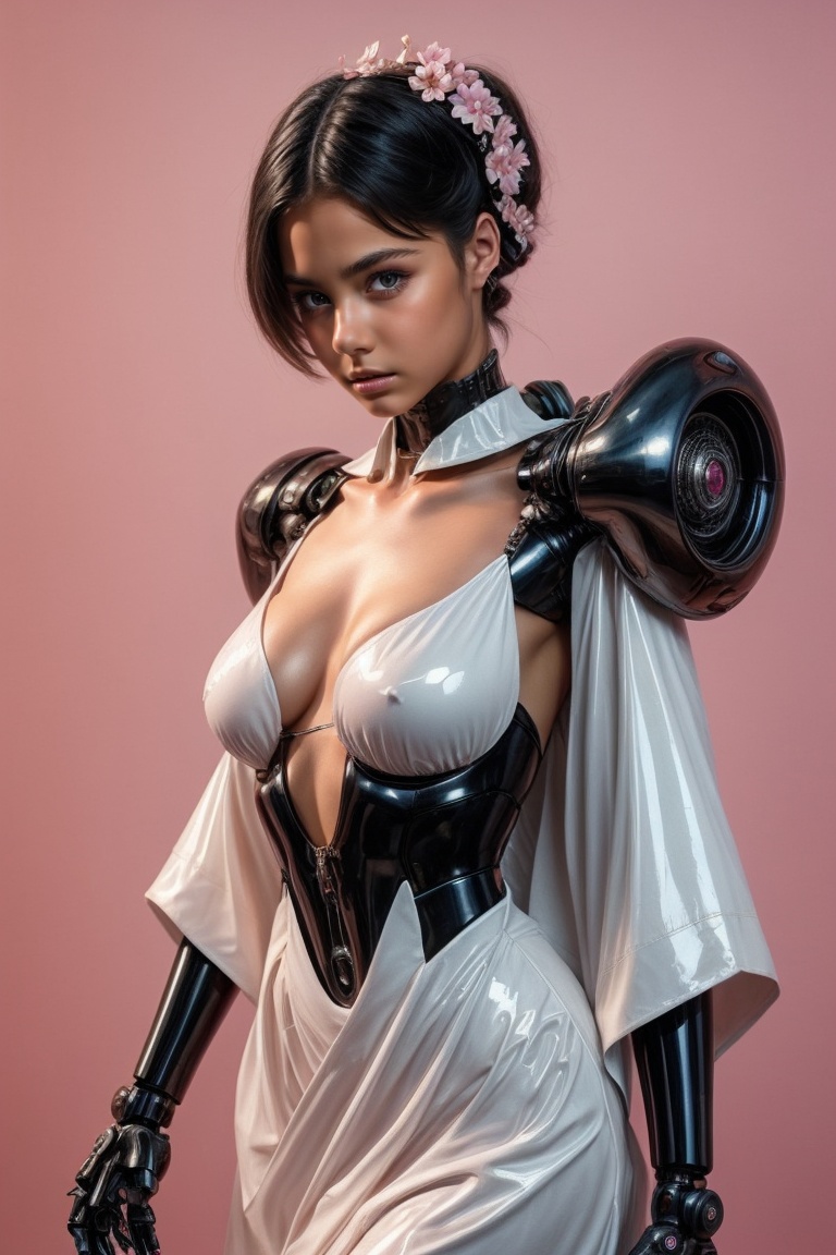 Beautiful cyberpunk robot woman wearing glossy white kimono-latex-dress with Japanese cherry blossom pattern on pink backg...