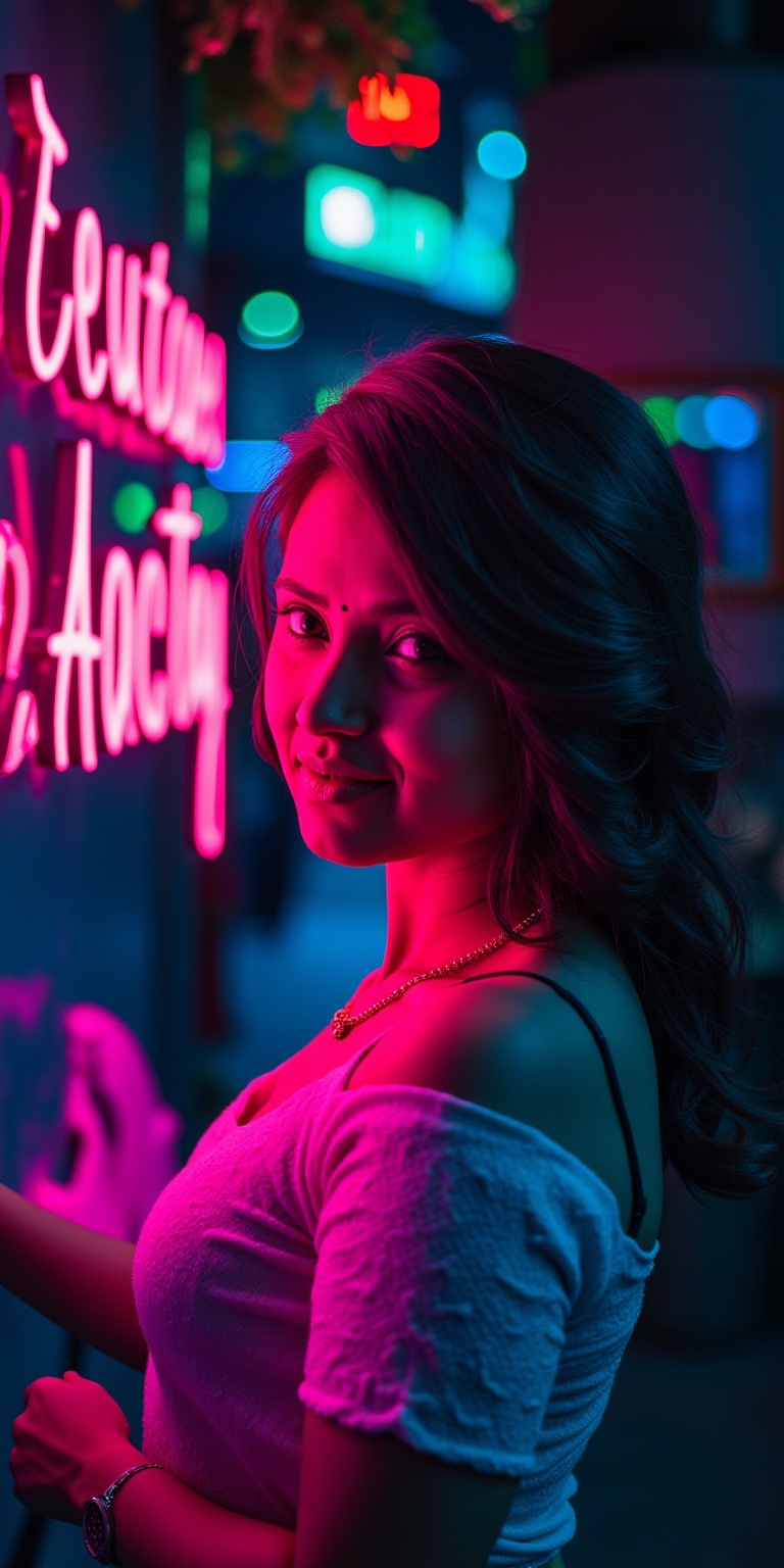 **LF** **Lora Factory** A cute traditional Mallu beauty stands at the center of a vibrant,  neon-lit atmosphere. She is il...