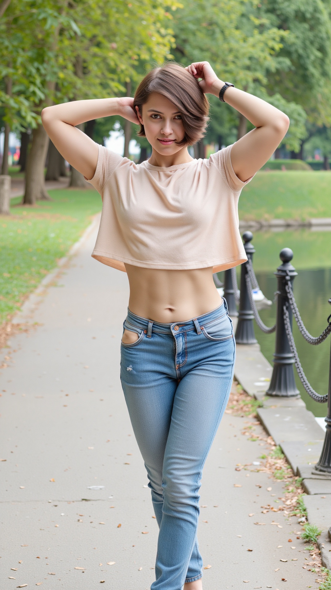 The image shows a person standing outdoors near a body of water. The individual is wearing a light-colored cropped top and...