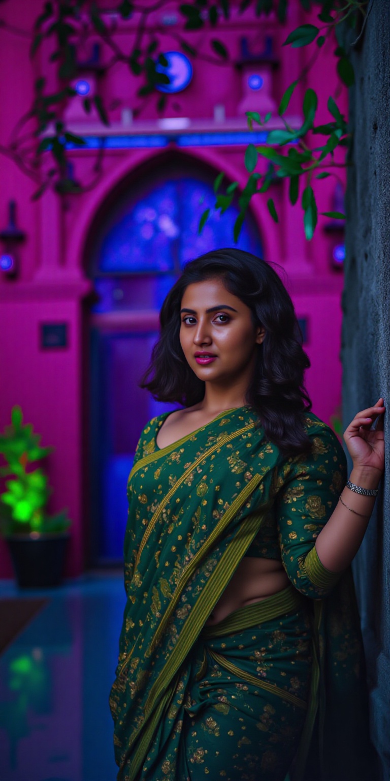 **LF** **Lora Factory** A cute traditional Mallu beauty stands at the center of a vibrant,  neon-lit atmosphere. She is il...