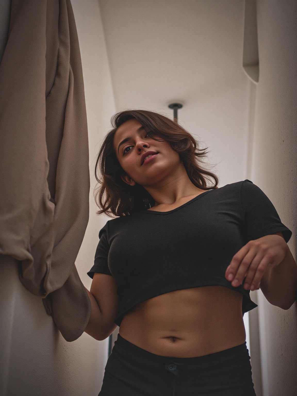 Head out of frame,  Big breasted girl,  Quality & Resolution: The image has a grainy on Tensor.Art