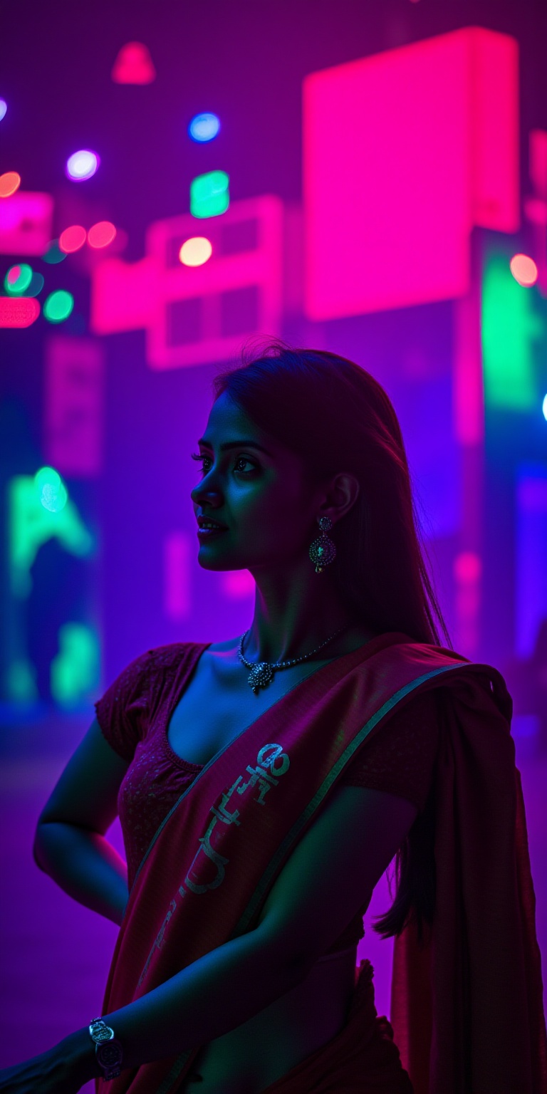 **LF** **Lora Factory** A cute traditional Mallu beauty stands at the center of a vibrant,  neon-lit atmosphere. She is il...