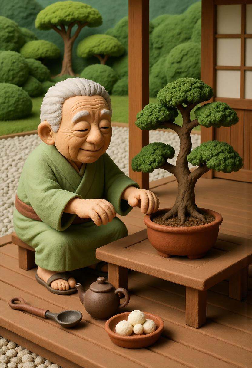 A claymation elderly Japanese man in a traditional yukata tending a bonsai tree on a wooden porch,  surrounded by tiny scu...
