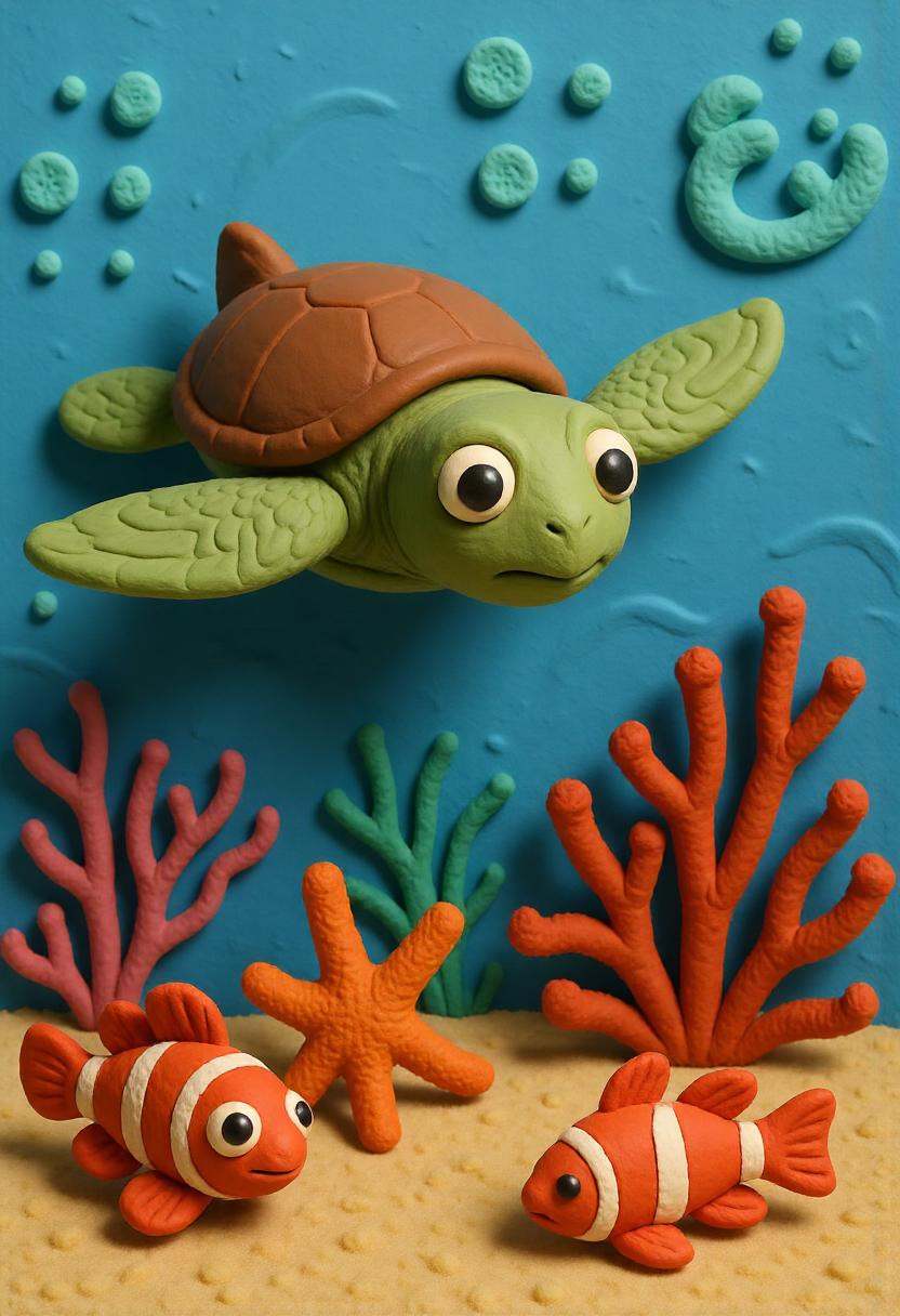 A claymation underwater coral reef scene with a curious sea turtle swimming past sculpted anemones,  starfish,  and clownf...