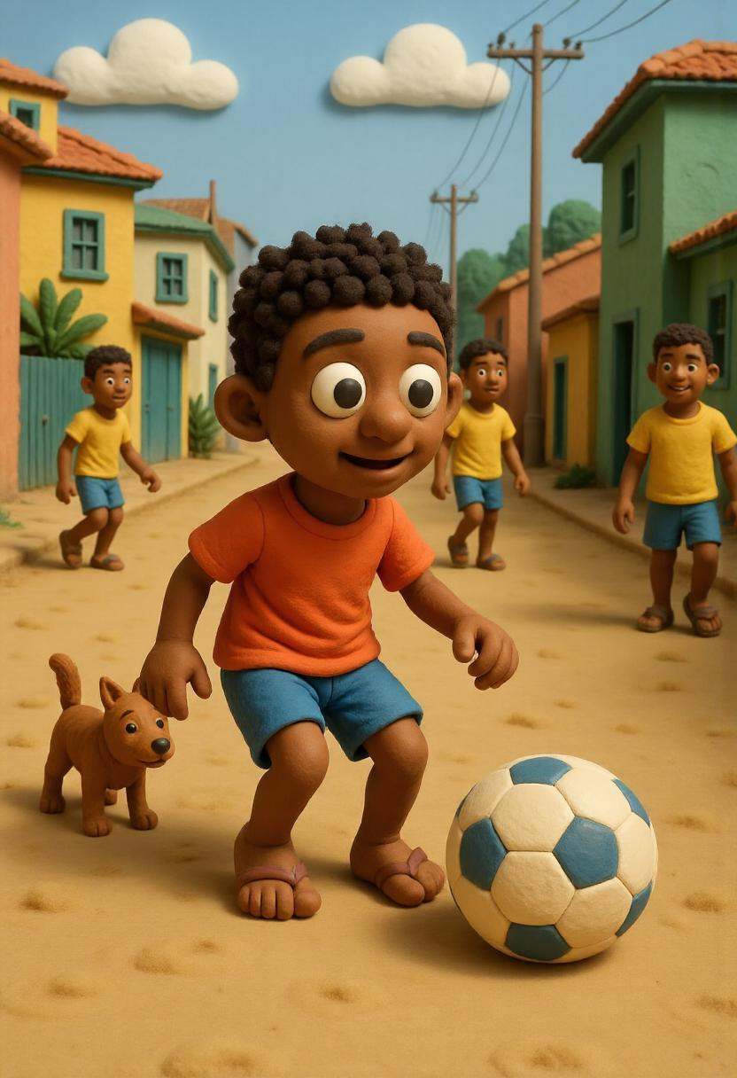 A claymation young Brazilian boy playing football barefoot on a dusty street,  his shirt tied around his waist,  surrounde...