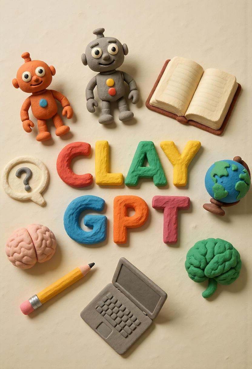 A claymation scene featuring the text "CLAY GPT" sculpted in bold,  chunky clay letters at the center,  each letter a diff...