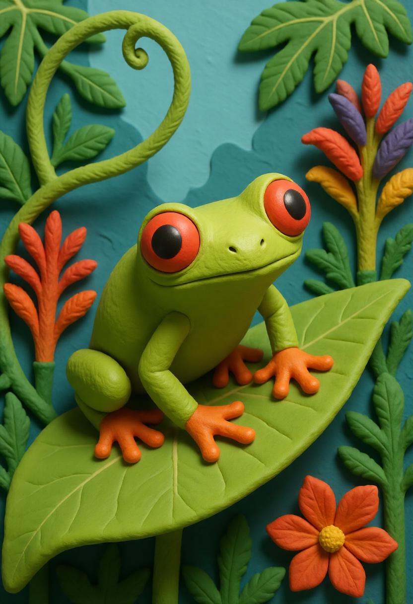 A claymation red-eyed tree frog perched on a vibrant green leaf,  its body in bright green clay with orange feet gripping...